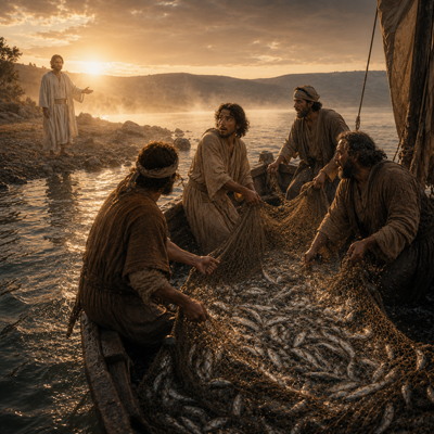Jesus appears to His disciples at the Sea of Galilee